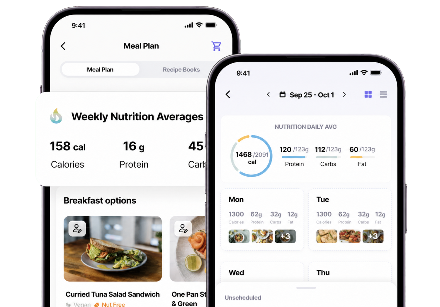 Two overlapping Everfit meal planning screens showing weekly nutrition averages, meal options, and daily nutrient targets