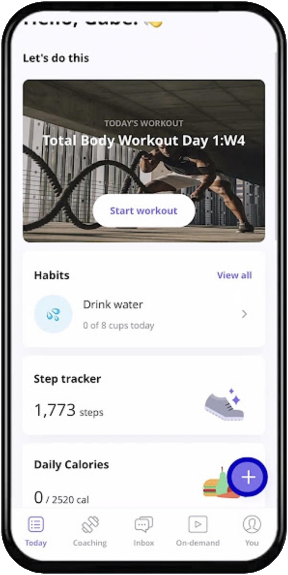 Everfit dashboard showing a total-body workout, water habit, step tracker, and daily calories
